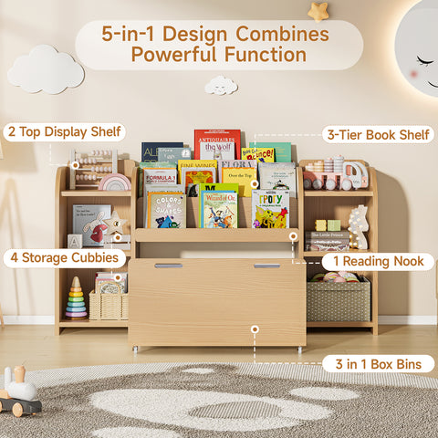 ONBRILL Kids Bookshelf with Reading Nook, 55.2" Toy Storage Organizer, 6 Storage Cubbies, Kids Bookcase with 3-Tier Bookshelf