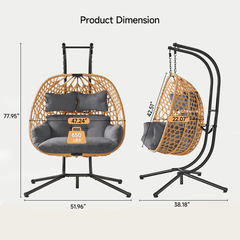 ONBRILL Double Hanging Egg Chair with Stand, Bohemian Knot Style Hammock Swing Chair, Foldable Basket & Denser Weaves, 650 Lbs Capacity Loveseat with UV Resistant Cushion for Patio, Backyard