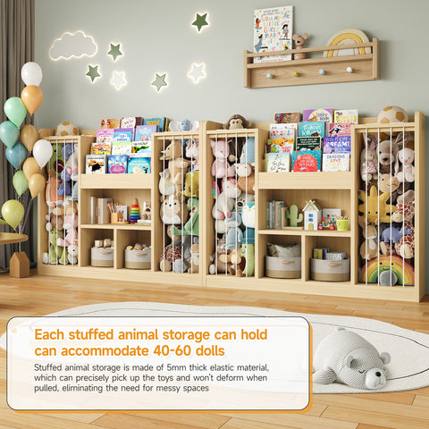 ONBRILL Two Wooden Stuffed Animal Storage, Toddler Toy Storage Organizer with 4-Tier Kids Bookshelf and 3 Open Cube Shlef, Multifunctional Bookcase for Kids Rooms Playroom Nursery
