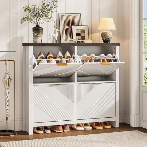 ONBRILL Shoe Cabinet with 4 Flip Drawers, Narrow Shoe Organizer with Symmetric Groove Pattern, Freestanding Wood Hidden Shoe Storage Cabinet for Entryway, Hallway