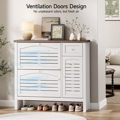 ONBRILL Shoe Storage Cabinet with 2 Flip Drawers, 1 Drawer, 1 Side Cabinet, Narrow Shoe Organizer with Ventilated Grille Panel & Movable Shelves, Freestanding Hidden Shoe Rack for Entryway