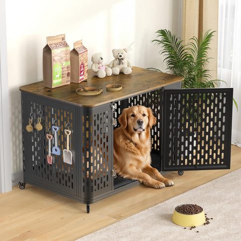 ONBRILL Heavy Duty Dog Crate Furniture for Large and Medium Dogs, 38.2 Inch/43.7 Inch Dog Crate Kennel with Flip Top & Cushion & Wheels, Escape Proof Pet Cage,Wooden Cage Kennel Furniture Indoor