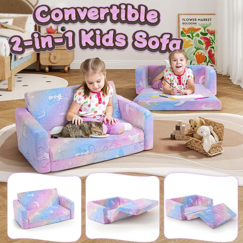 2 in 1 Fold Out Kids Sofa, Fairy Pattern, Pink