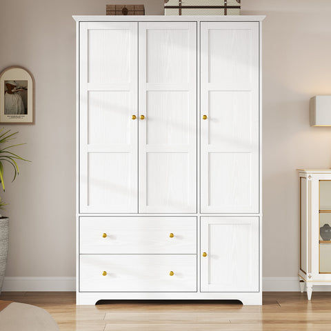 ONBRILL 3 Doors Wooden Wardrobe Closet Armoire with Pull Out Pants Rack, Bedroom Large Capacity Armoire with Drawers and Shelves, Storage Cabinet for Hanging Clothes