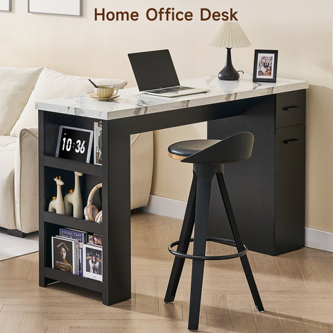 Bar Table, 59-Inch Modern Counter Height Pub Table w/Pull-Basket Drawer, 3-Tier Shelves, Kitchen Island Table w/1.5" Thick Marble Tabletop, Home Coffee Bar Unit for Dining Living Room Balcony Bistro