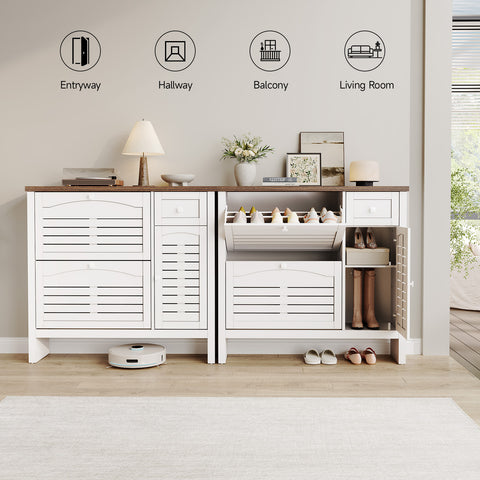 ONBRILL Shoe Storage Cabinet with 2 Flip Drawers, 1 Drawer, 1 Side Cabinet, Narrow Shoe Organizer with Ventilated Grille Panel & Movable Shelves, Freestanding Hidden Shoe Rack for Entryway