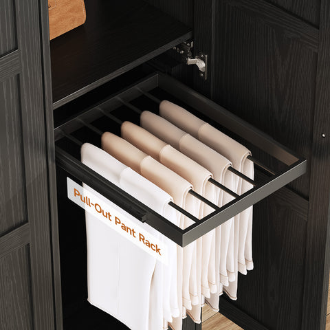 ONBRILL 3 Doors Wooden Wardrobe Closet Armoire with Pull Out Pants Rack, Bedroom Large Capacity Armoire with Drawers and Shelves, Storage Cabinet for Hanging Clothes