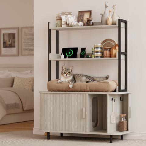 ONBRILL 54 Inch Hidden Litter Box Furniture with Shelves and Outlets,Fluted Cat Litter Box Enclosure, Mid-Century Modern Wooden Cat House with Sliding Tambour Door and Hooks