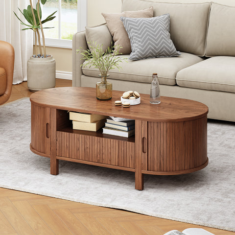 ONBRILL 47.2 Inch Oval Coffee Table with Storage, Mid Century Modern Coffee Table with Drawer, Center Table with Sliding Door and Wood Fluted Handle for Living Room, Walnut