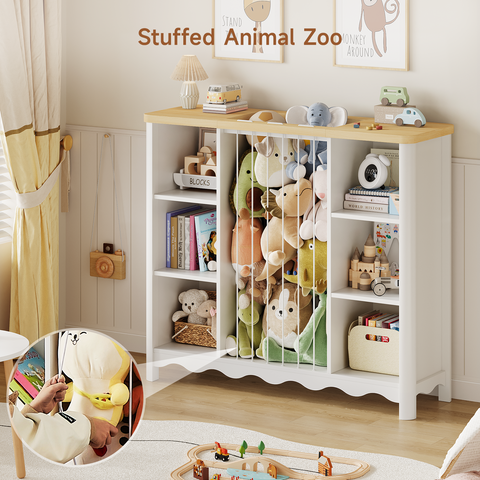 Wooden Stuffed Animal Storage, 6 Cube Toy Storage Organizer w/Wave Design, Plush Toy Organizers and Storage w/Elastic Band Thick Board, Kids Bookshelf for Kids Room Nursery Playroom