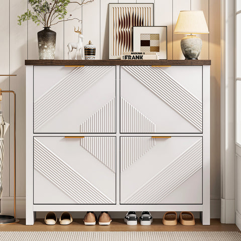 ONBRILL Shoe Cabinet with 4 Flip Drawers, Narrow Shoe Organizer with Symmetric Groove Pattern, Freestanding Wood Hidden Shoe Storage Cabinet for Entryway, Hallway