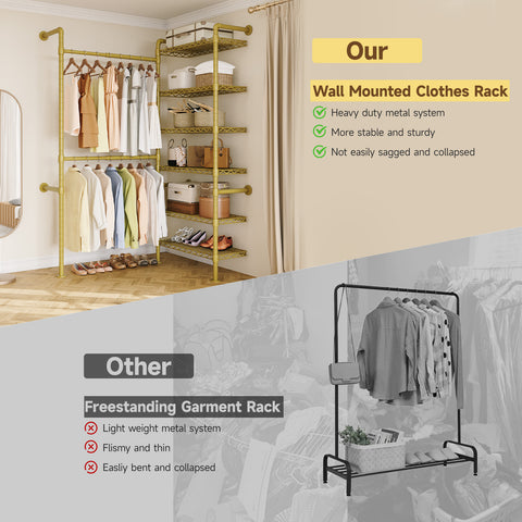 ONBRILL H2 Wall Mounted Clothing Rack, Expandable Industrial Pipe Clothes Rack Garment Racks for Hanging Clothes, Heavy Duty Closet Organizers and Storage in Closet System, Gold