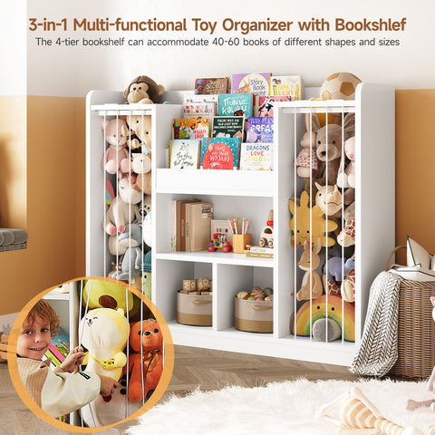 ONBRILL Two Wooden Stuffed Animal Storage, Toddler Toy Storage Organizer with 4-Tier Kids Bookshelf and 3 Open Cube Shlef, Multifunctional Bookcase for Kids Rooms Playroom Nursery (White)