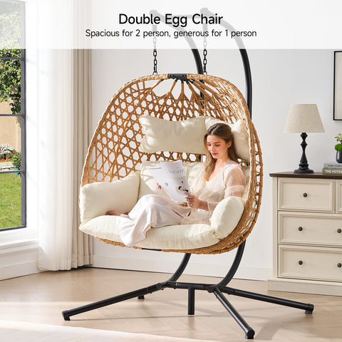 ONBRILL Double Hanging Egg Chair with Stand, Bohemian Knot Style Hammock Swing Chair, Foldable Basket & Denser Weaves, 650 Lbs Capacity Loveseat with UV Resistant Cushion for Patio, Backyard