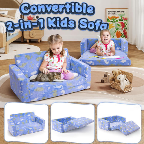 2 in 1 Fold Out Kids Sofa, Dinosaur Pattern, Blue