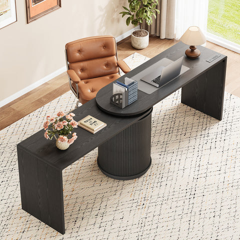 ONBRILL 60 Inch Fluted Computer Desk with Power Outlets,360° Rotating L Shaped Desks with Storge, Swivel Corner Table for Home Office,Workstation,Study Room,Black