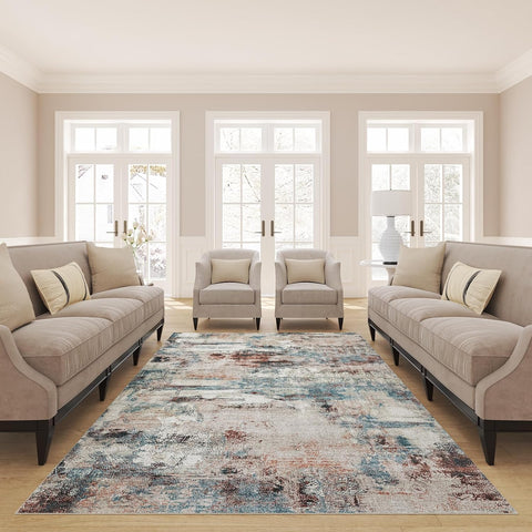 Modern Abstract Area Rugs, Teal/Brick