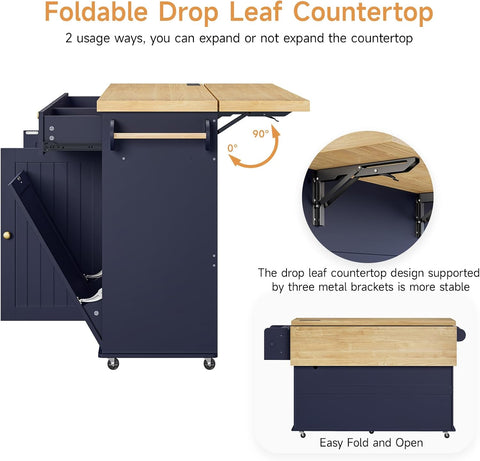ONBRILL 60" Kitchen Island with Trash Can Storage, Blue Kitchen Island Cart with Power Outlet & Drop Leaf, Storage Cabinet with Adjustable Shelf, Rolling Island Table for Kitchen