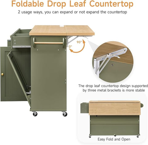 ONBRILL 60" Kitchen Island with Trash Can Storage, Green Kitchen Island Cart with Power Outlet & Drop Leaf, Storage Cabinet with Adjustable Shelf, Rolling Island Table for Kitchen