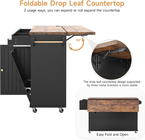 ONBRILL 60" Kitchen Island with Trash Can Storage, Black+Rustic Brown | Kitchen Island Cart with Power Outlet & Drop Leaf, Storage Cabinet with Adjustable Shelf, Rolling Island Table for Kitchen