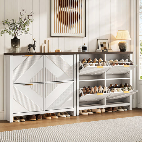 ONBRILL Shoe Cabinet with 4 Flip Drawers, Narrow Shoe Organizer with Symmetric Groove Pattern, Freestanding Wood Hidden Shoe Storage Cabinet for Entryway, Hallway