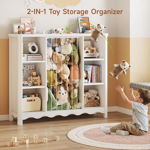 Wooden Stuffed Animal Storage, 6 Cube Toy Storage Organizer w/Wave Design, Plush Toy Organizers and Storage w/Elastic Band Thick Board, Kids Bookshelf for Kids Room Nursery Playroom