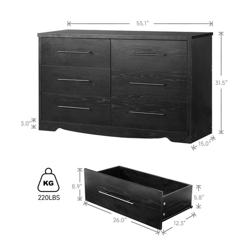 55" 6 Drawer Dresser, Black