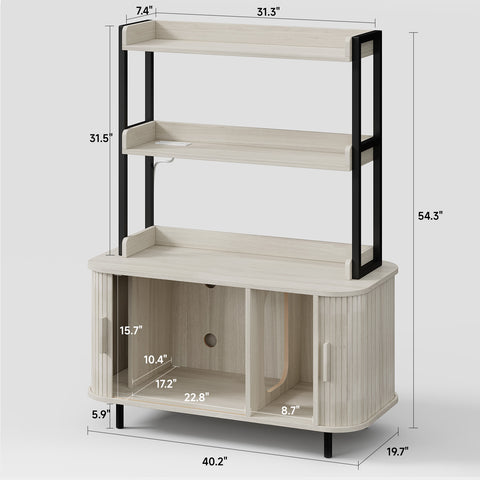ONBRILL 54 Inch Hidden Litter Box Furniture with Shelves and Outlets,Fluted Cat Litter Box Enclosure, Mid-Century Modern Wooden Cat House with Sliding Tambour Door and Hooks
