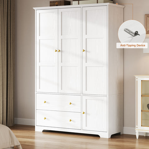 ONBRILL 3 Doors Wooden Wardrobe Closet Armoire with Pull Out Pants Rack, Bedroom Large Capacity Armoire with Drawers and Shelves, Storage Cabinet for Hanging Clothes