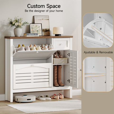 ONBRILL Shoe Storage Cabinet with 2 Flip Drawers, 1 Drawer, 1 Side Cabinet, Narrow Shoe Organizer with Ventilated Grille Panel & Movable Shelves, Freestanding Hidden Shoe Rack for Entryway