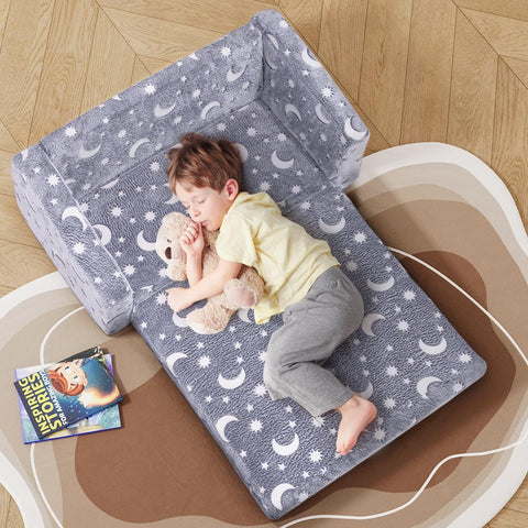 2 in 1 Fold Out Kids Sofa, Moon & Star Pattern, Grey