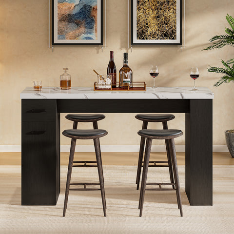 Bar Table, 59-Inch Modern Counter Height Pub Table w/Pull-Basket Drawer, 3-Tier Shelves, Kitchen Island Table w/1.5" Thick Marble Tabletop, Home Coffee Bar Unit for Dining Living Room Balcony Bistro