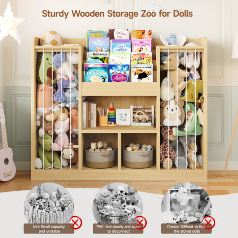 ONBRILL Two Wooden Stuffed Animal Storage, Toddler Toy Storage Organizer with 4-Tier Kids Bookshelf and 3 Open Cube Shlef, Multifunctional Bookcase for Kids Rooms Playroom Nursery