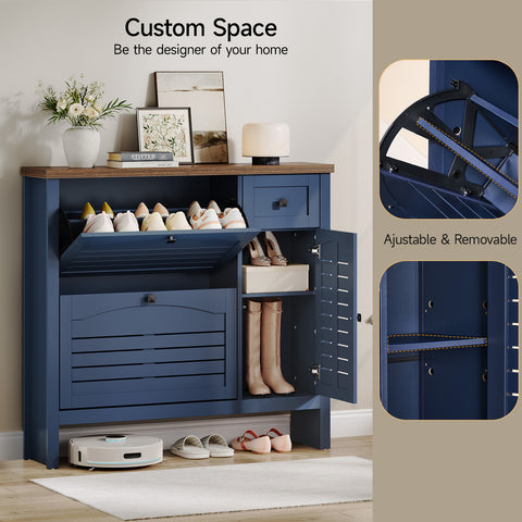 ONBRILL Shoe Storage Cabinet with 2 Flip Drawers, 1 Drawer, 1 Side Cabinet, Narrow Shoe Organizer with Ventilated Grille Panel & Movable Shelves, Freestanding Hidden Shoe Rack for Entryway