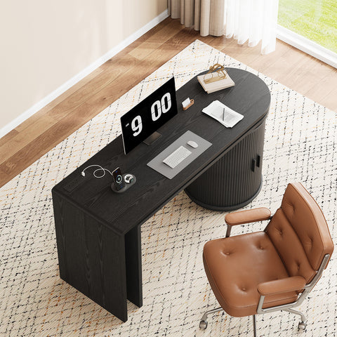 ONBRILL 60 Inch Fluted Computer Desk with Power Outlets,360° Rotating L Shaped Desks with Storge, Swivel Corner Table for Home Office,Workstation,Study Room,Black