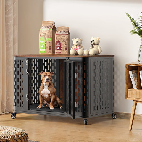 ONBRILL Heavy Duty Dog Crate Furniture for Large and Medium Dogs, 38.2 Inch/43.7 Inch Dog Crate Kennel with Flip Top & Cushion & Wheels, Escape Proof Pet Cage,Wooden Cage Kennel Furniture Indoor