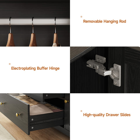 ONBRILL 3 Doors Wooden Wardrobe Closet Armoire with Pull Out Pants Rack, Bedroom Large Capacity Armoire with Drawers and Shelves, Storage Cabinet for Hanging Clothes