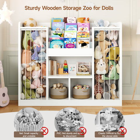 ONBRILL Two Wooden Stuffed Animal Storage, Toddler Toy Storage Organizer with 4-Tier Kids Bookshelf and 3 Open Cube Shlef, Multifunctional Bookcase for Kids Rooms Playroom Nursery (White)