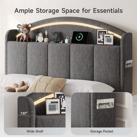 Upholstered Headboard Queen Size with LED Light, Curved Chenille Headboards with Charging Station, Adjustable Height Queen Headboard Only with Storage Shelf & Pocket, Head Board Easy Assembly