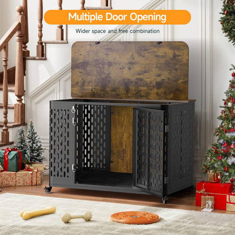 ONBRILL Heavy Duty Dog Crate Furniture for Large and Medium Dogs, 38.2 Inch/43.7 Inch Dog Crate Kennel with Flip Top & Cushion & Wheels, Escape Proof Pet Cage,Wooden Cage Kennel Furniture Indoor