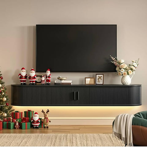 ONBRILL 80" Floating TV Stand with Power Outlet for TVs up to 95", Walnut Fluted Entertainment Center with Remote Control for LED Lights, Mid-Century Modern TV Console w/Sliding Door for Living Room