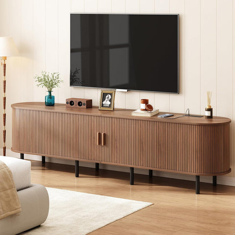 ONBRILL 86.6" TV Stand with Power Outlet & Storage for TVs up to 90“ Walnut Entertainment Center with Adjustable Shelves, Modern Media Console with Sliding Doors for Living Room, Bedroom