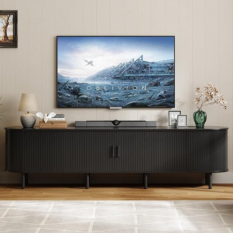 ONBRILL 86.6" TV Stand with Power Outlet & Storage for TVs up to 90“ Walnut Entertainment Center with Adjustable Shelves, Modern Media Console with Sliding Doors for Living Room, Bedroom
