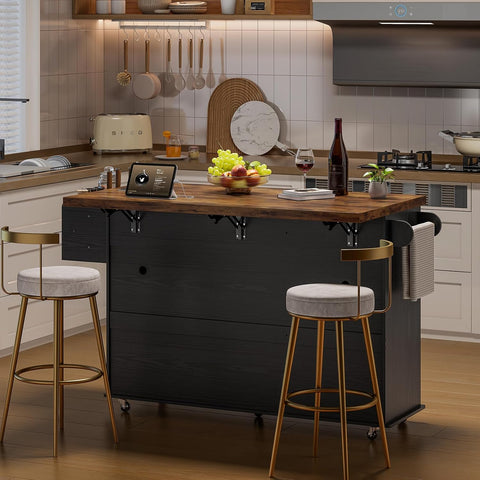 ONBRILL 60" Kitchen Island with Trash Can Storage, Black+Rustic Brown | Kitchen Island Cart with Power Outlet & Drop Leaf, Storage Cabinet with Adjustable Shelf, Rolling Island Table for Kitchen