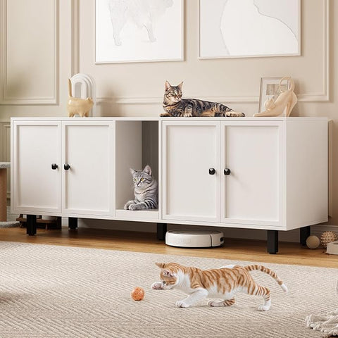 ONBRILL 59 Inches Cat Litter Box Enclosure for 2 Cats, Walnut Modern Hidden Litter Furniture with Cat Scratch Pad, Large Indoor Pet House with Double Room, Wooden TV Stand Side Table