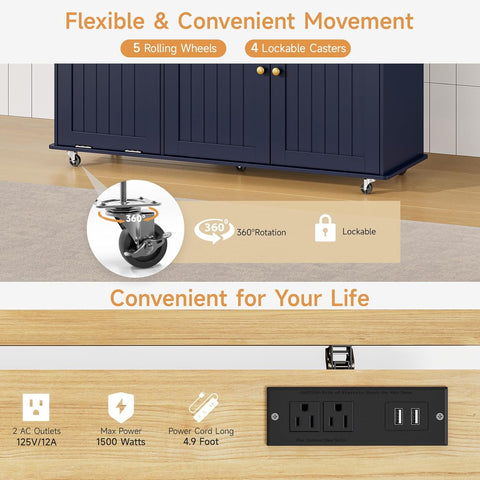 ONBRILL 60" Kitchen Island with Trash Can Storage, Blue Kitchen Island Cart with Power Outlet & Drop Leaf, Storage Cabinet with Adjustable Shelf, Rolling Island Table for Kitchen