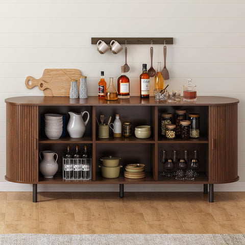ONBRILL 70" Sideboard Buffet Cabinet, Sliding Door/Adjustable Shelf, Walnut Buffet Sideboard Storage Cabinet Mid-Century Modern Accent Coffee Bar Cabinet Console Table for Kitchen/Entryway/Dining Room