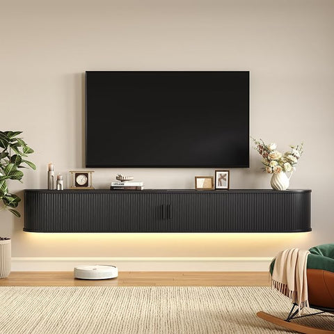ONBRILL 80" Floating TV Stand with Power Outlet for TVs up to 95", Walnut Fluted Entertainment Center with Remote Control for LED Lights, Mid-Century Modern TV Console w/Sliding Door for Living Room