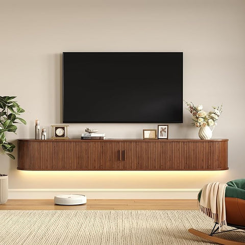 ONBRILL 80" Floating TV Stand with Power Outlet for TVs up to 95", Walnut Fluted Entertainment Center with Remote Control for LED Lights, Mid-Century Modern TV Console w/Sliding Door for Living Room