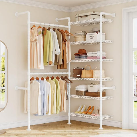 ONBRILL L2 Wall Mounted Closet System, Industrial Pipe Clothing Rack, Black Metal Clothes Rack with 2 Telescopic Rods & 6 Shelves, Heavy Duty Closet Organizers for Wardrobe, Reach-in & Walk-in Closets